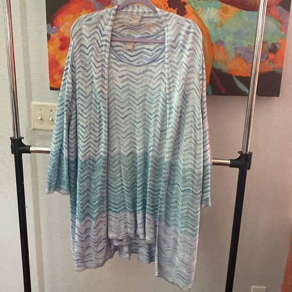 Chicos Sweater Set Cardigan Open Front + Tank Stripe LS Pattern Blue Multi Sz 4 - Picture 6 of 6